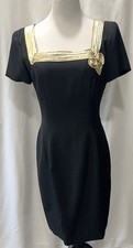 ExpoNite Vintage Black Gold Trim Cocktail Dress Short Sleeve Square Neck Sz 5