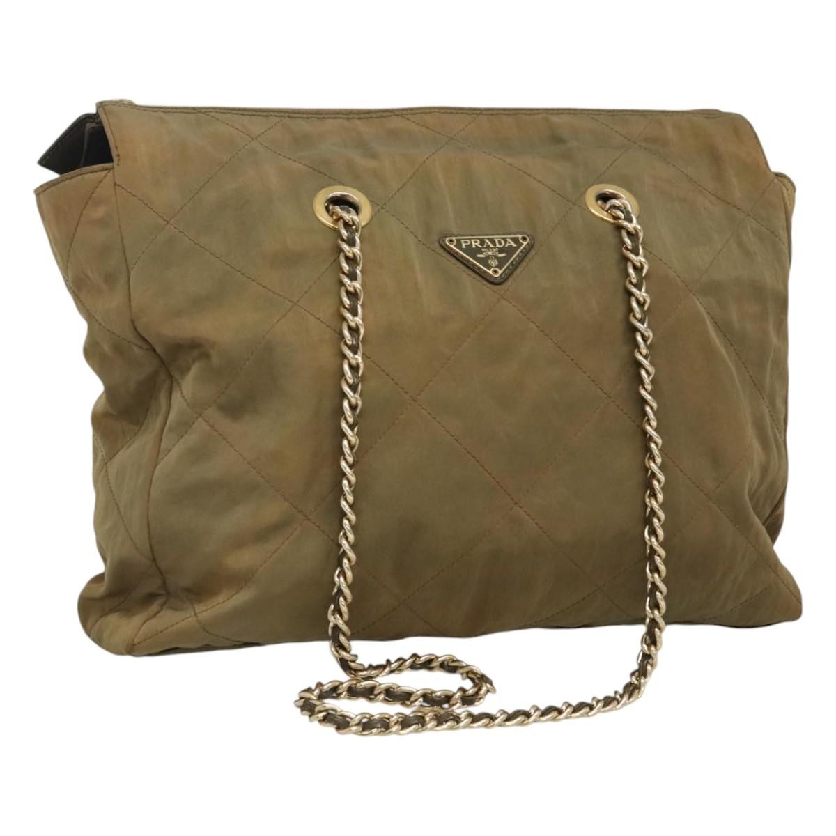 PRADA Chain Shoulder Bag Nylon Beige Gold Auth bs23630