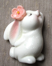 NEW ADORABLE WHITE RABBIT W PINK FLOWER, EARS AND CHUBBY CHEEKS BUTTON