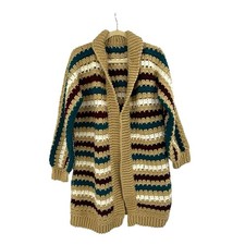 Vintage Hand-Made Granny Afghan Crochet Cardigan Sweater Retro M/L Brown Teal