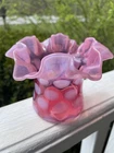 Vintage Fenton Cranberry Pink Opalescent Coin Dot Art Glass Ruffle Top Hat Vase
