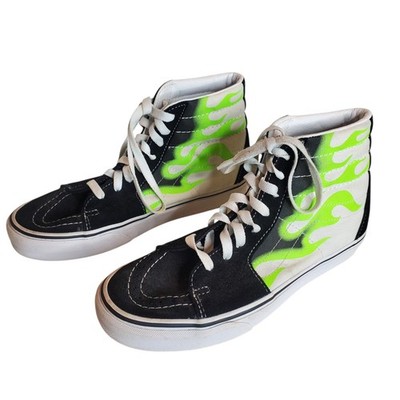 Vans Sk8 Hi Flame Black White Neon Green Flames Fire Size Men's 7 High Top 