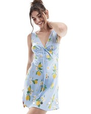 ASOS Design Blue Lemon Print Mini Dress V-Neck Tie Front Size US 8