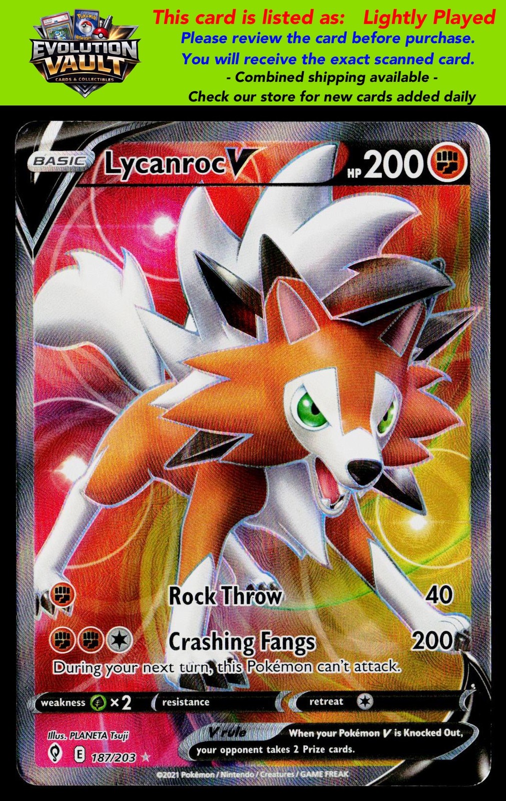 SWSH07: Evolving Skies #187/203 Lycanroc V (Full Art) (LP)
