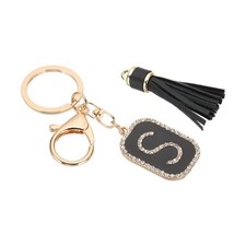 Initial Letter Keychain Cubic Crystal Keychain with Tassel Letter S Black/Gold