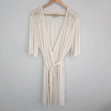 Nottiebianche Women's Ivory Tie Waist Robe Lace Detail Short Sleeves Size L