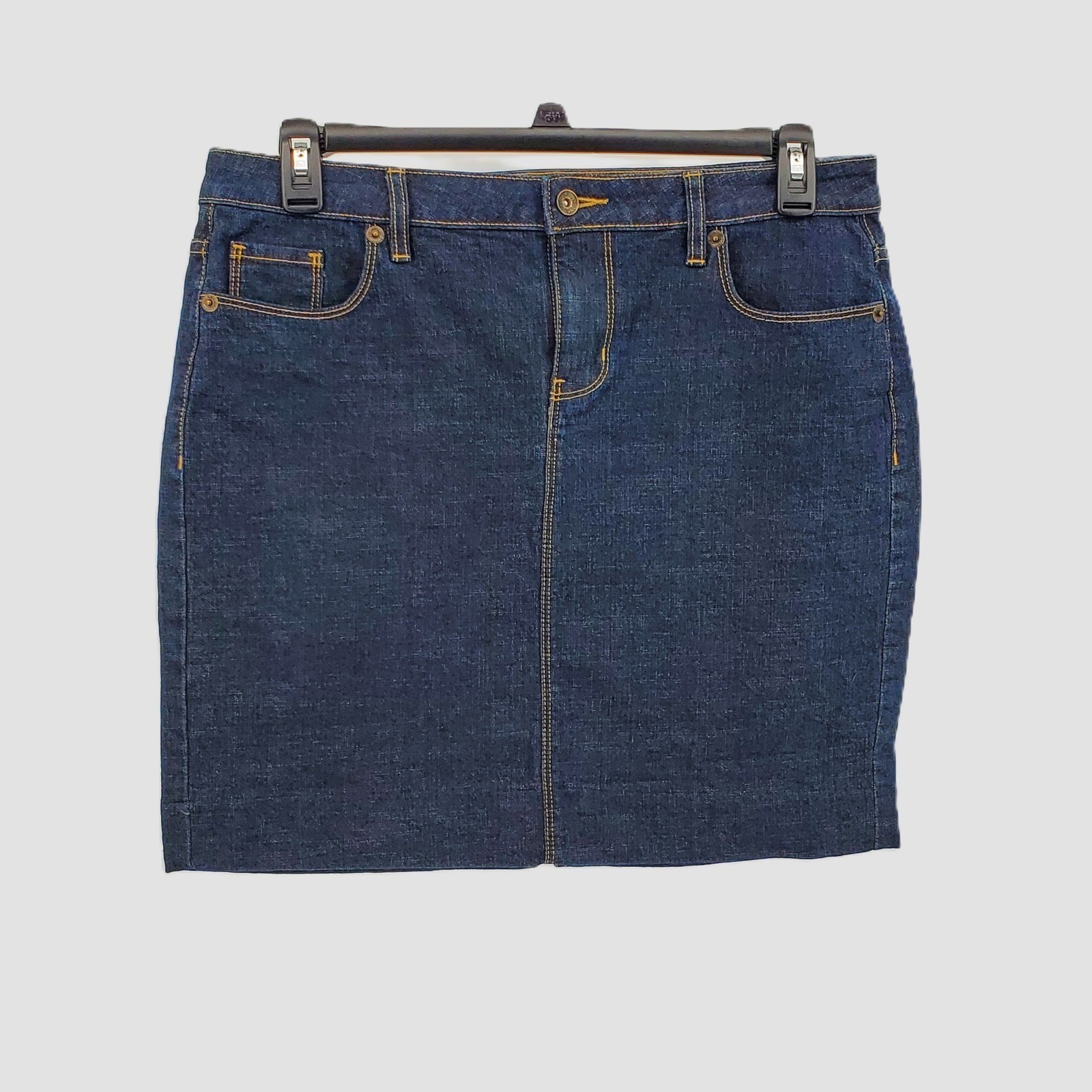 Apt 9 Womens Size 12 Denim Mini Skirt Dark Wash Blue Stretch 5 Pocket Back Slit