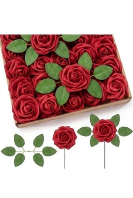 Kunstblumen, 25 Stück rote Schaumrosen echt aussehende Rosen mit Stielen, Kunstrosen