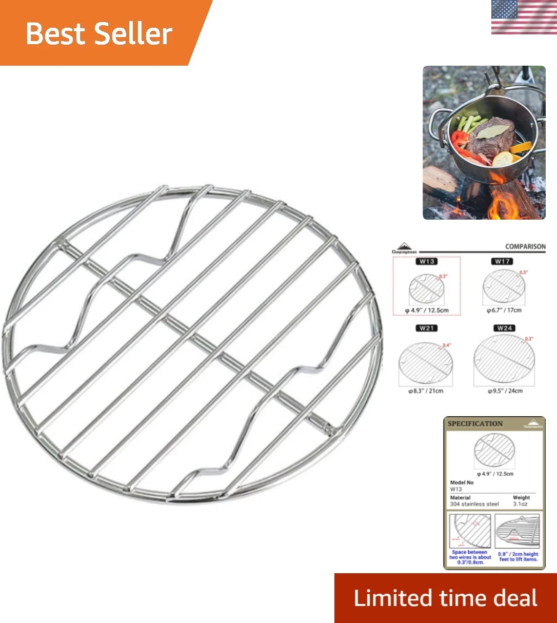 φ4.9-inch Round Stainless Steel Cooking Grid Grill Fits for Backpacking Pocke...