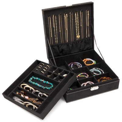 Two Layer Black Jewelry Box Organizer with Lock and Key, Display Case for Men or