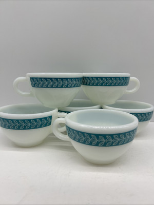 Pyrex Corning Tea Coffee Cup Milk Glass Blue Laurel Leaf Qty 6 Turquoise  #701