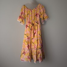 FARM RIO Banana Taste Tiered Midi Dress Pink Yellow Tropical Lace Boho Size XS