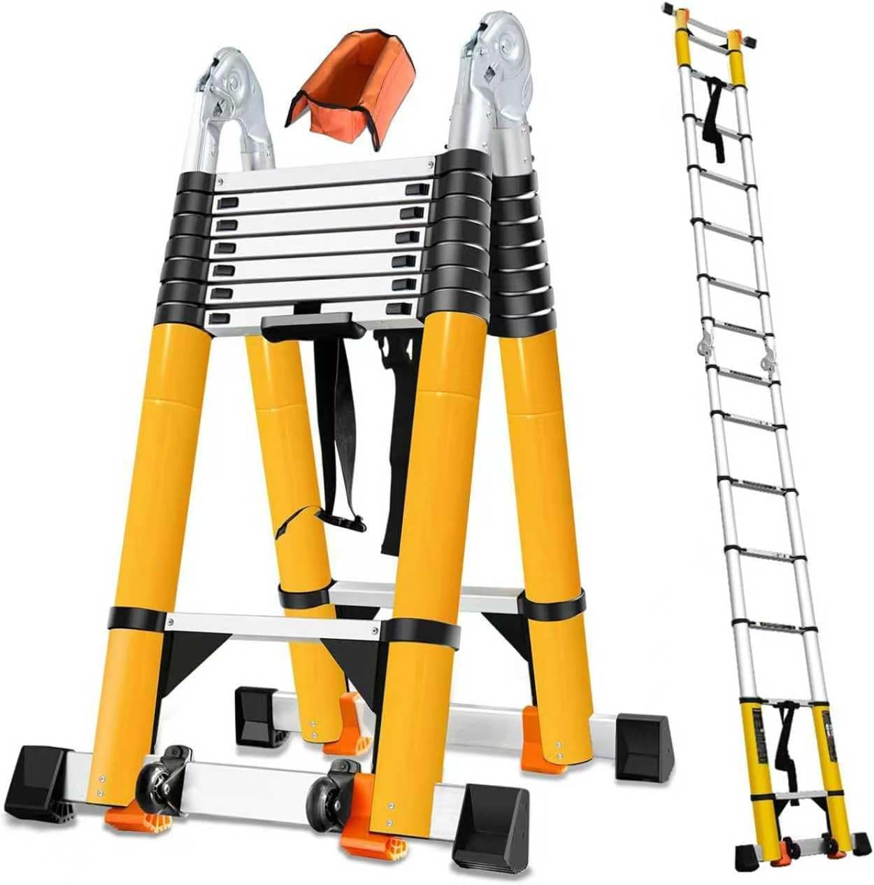 20FT Telescoping A-Frame Ladder with Wheels & Tool Bag, EN13