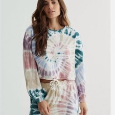 Lucky Brand Cropped Sweatshirt Womens XL Green Pink New Tie Dye Drawstring Hem
