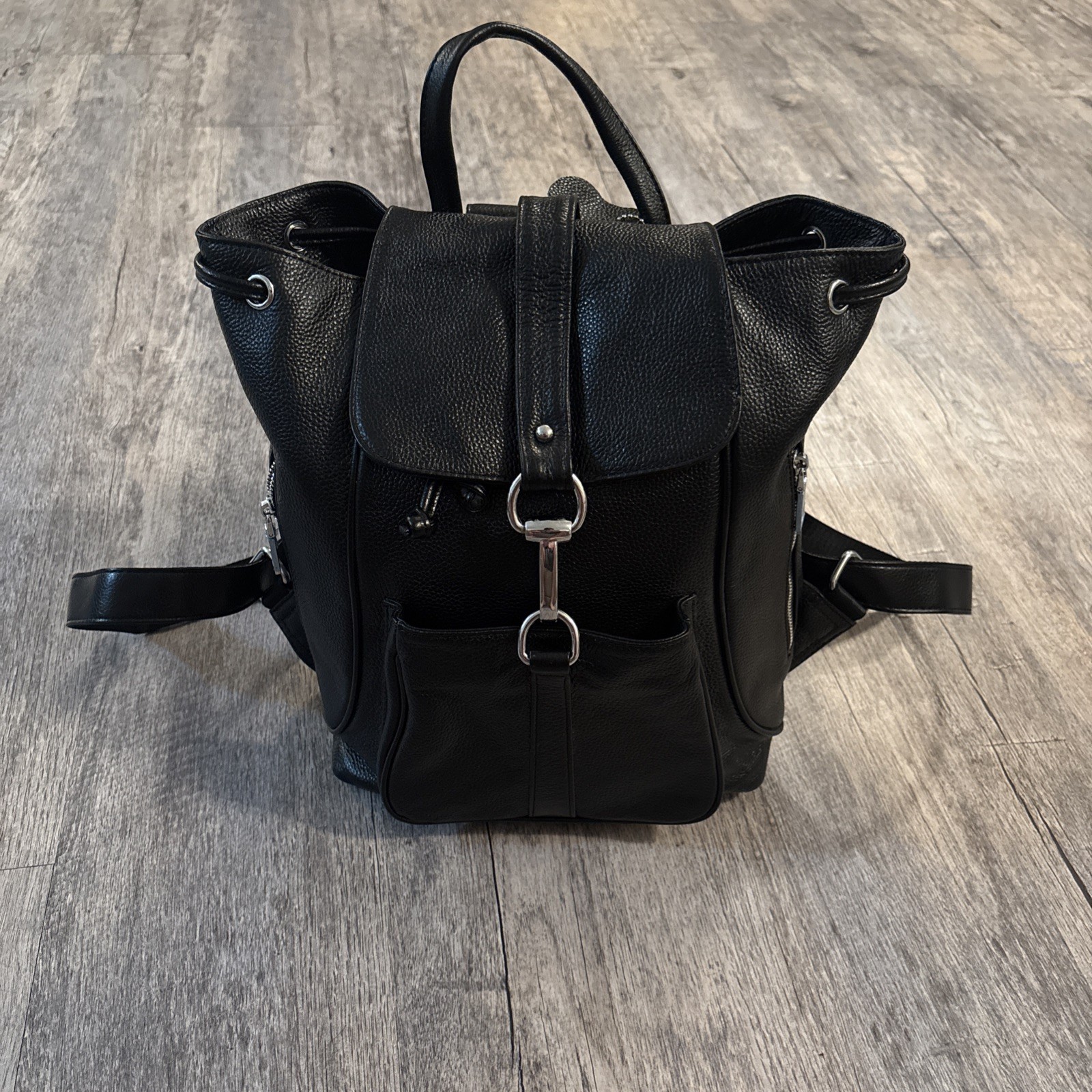 Coolcy Black Leather Quilted Backpack with Silver Hardware and Adjustable Strap