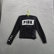 PINK Victoria's Secret Women Hoodie S Black Fleece Logo Text Activewear Zipper