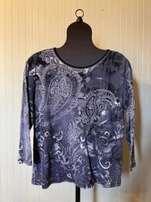 JESS & JANE ~Artsy Plum Paisley~Studed~3/4 SLV ~100% Cotton ~Knit Tee/Top~Size~L