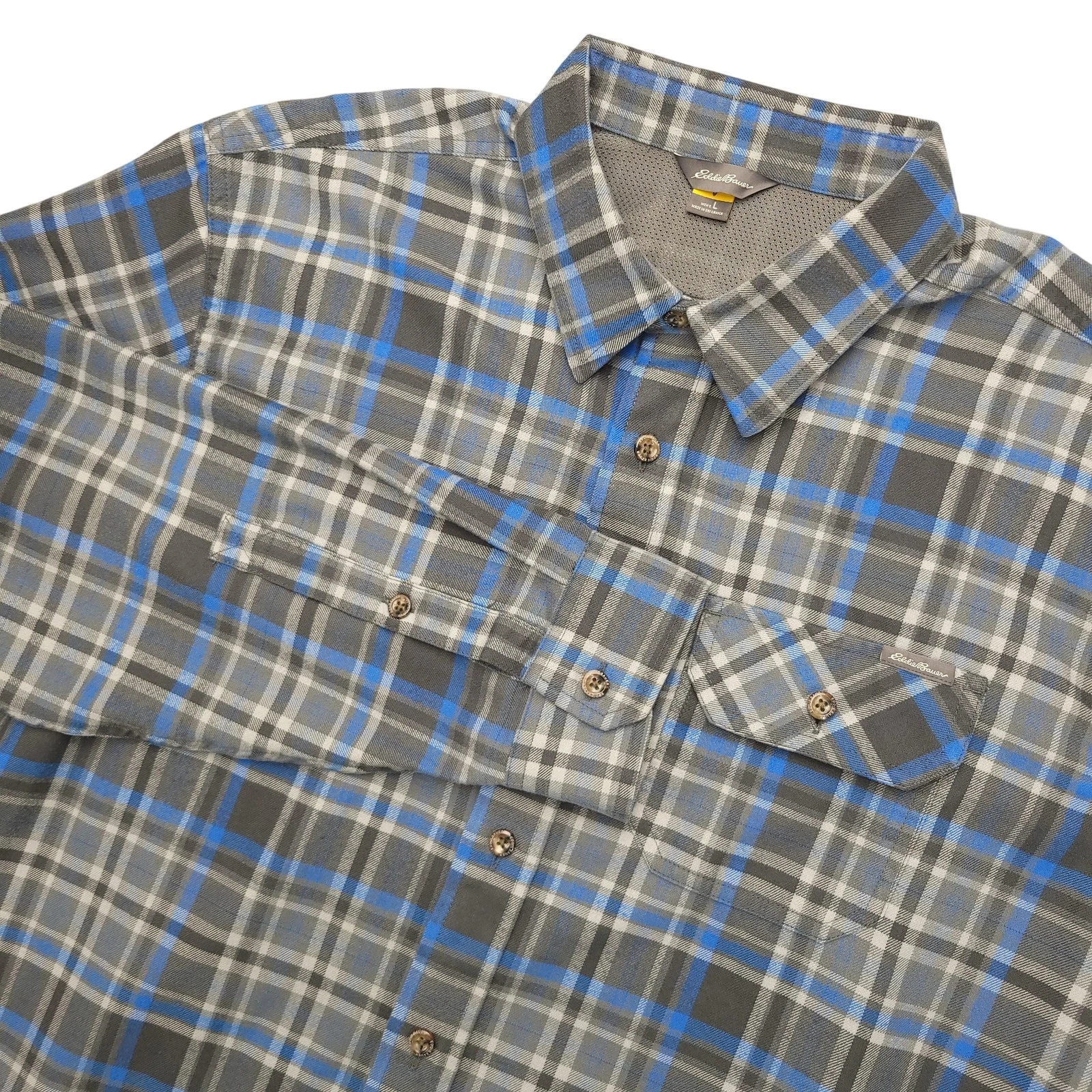 Eddie Bauer Travex Shirt Mens L Gray Plaid Long Sleeve Button Up Hiking Outdoor