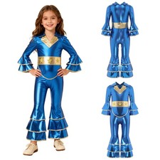Girls Jumpsuit With Waist Belt Costume Layered Flare Cuffs Bodysuit Halloween