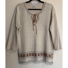VTG Lisa International Women's Sz L Beaded Tassel Top Oat Western Cotton Linen