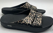 Women's OOFOS OOmega OOlala Size 5 Black/Leopard Print Thong Sandel's