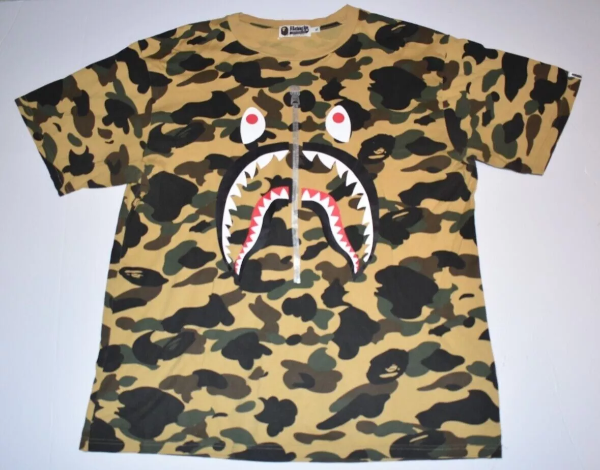 Authentic BAPE A Bathing Ape 1st Camo Shark Tee, Yellow/Camo, X-Large (XL), RARE Authentic BAPE A Bathing Ape 1st Camo Shark Tee, Yellow/Camo, X-Large (XL), RARE