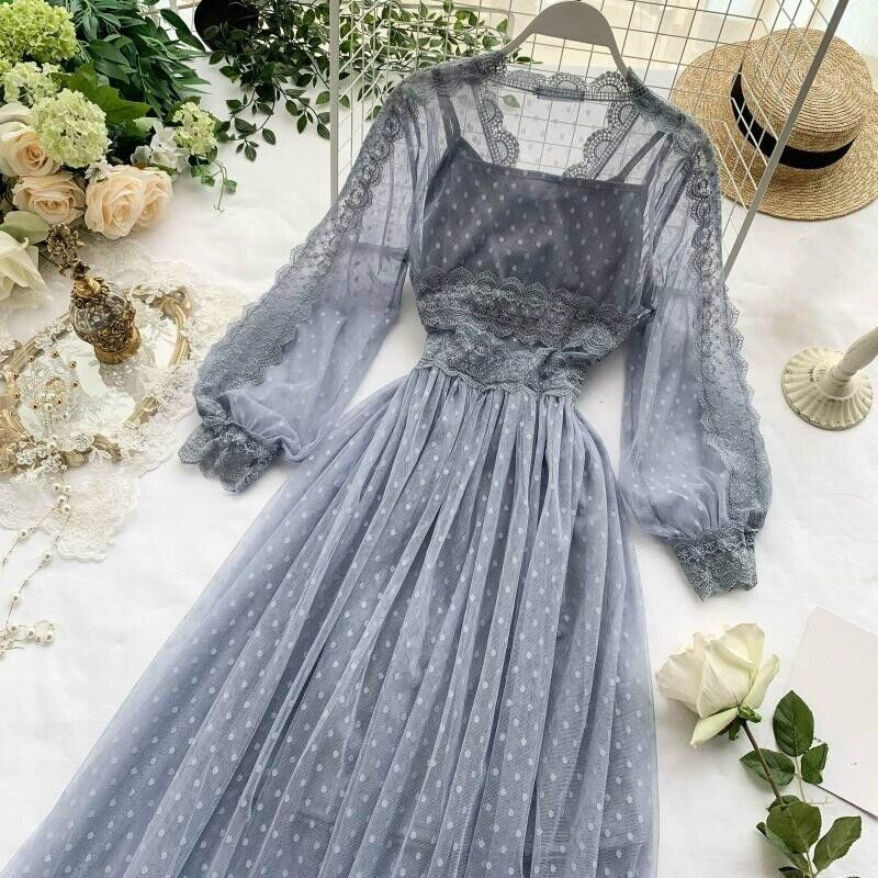 Lady Lace Hollow Out Puff Long Mesh Floral low-pricing Midi Dress New arrival Ele Sleeve
