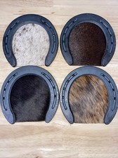 5 inch Metal Horseshoe Coaster Set of 4 Cowhide On Cork Handmade In Gift Box