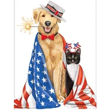 Mary Lake-Thompson Patriotic Dog & Cat w/American Flag Flour Sack Kitchen Towel