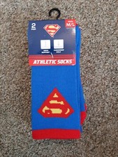 NEW BOYS SUPERMAN SPORT ATHLETIC CREW SOCKS 2 PAIRS M/L