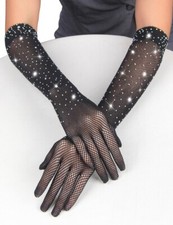 Black Fishnet Evening Gloves, Rhinestone Detailing, Gothic Burlesque Accessory