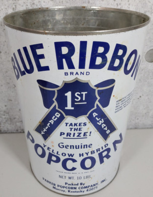 Vtg Blue Ribbon Popcorn Tin Can 9.5'' x 6.5'' (10 LB EMPTY) Kentucky USA No Lid