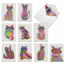 10 Blank All Occasion Cards Assorted - Funky Rainbow Cats AM6199OCB-B1x10