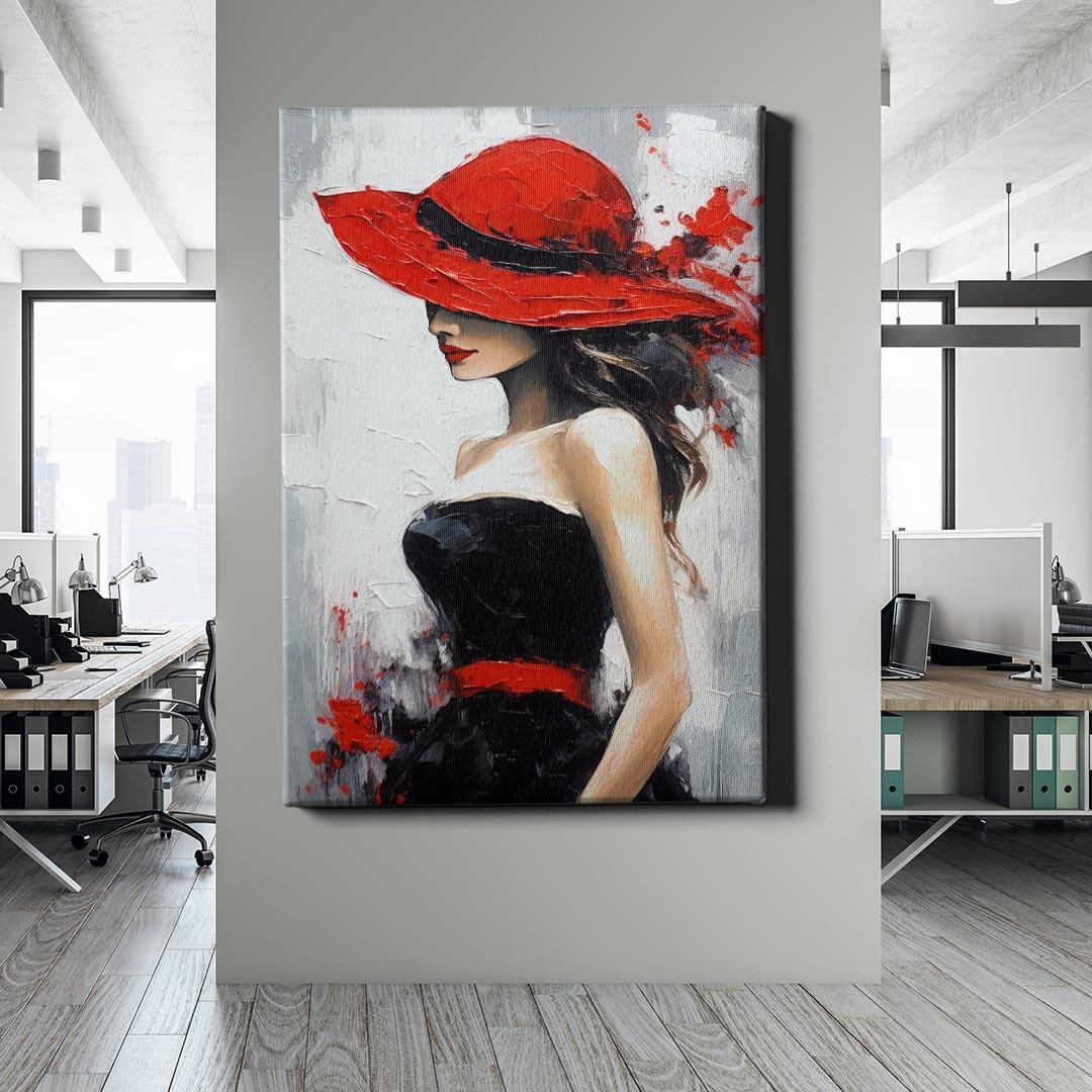 ✅MURAL LIENZO, VIDRIO ACRÍLICO MUJER ROJO SOMBRERO MODERNO ROJO BONITA DECORACIÓN DE PARED PREMIUM