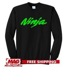 KAWASAKI NINJA BLACK CREWNECK GREEN Logo Racing Sweatshirt Motorcycle Motor Bike