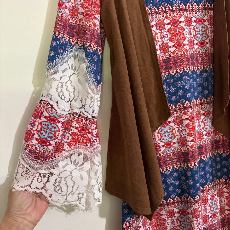 Vestido Amy Byer Marrón Chaleco Encaje Rojo Azul Cachemira Manga 3/4 Western 2 Piezas 10 Foto 3 de 4