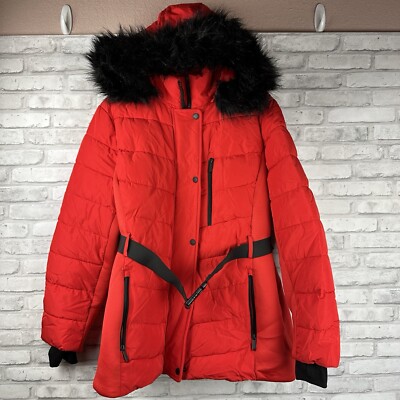 Faux Fur Hood Red Coat With Black Fur London Fog Womens Coat Red