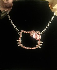 Hello Kitty necklace Pendant Pink Heart Radium Plated Crystals Rhinestone