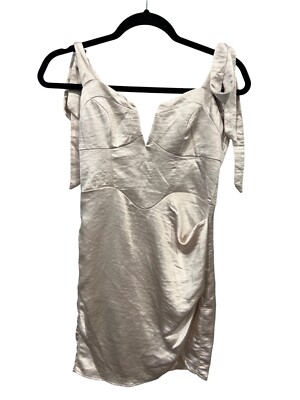 Saints + Secrets Shes So Golden Tied Shoulder Satin Mini Dress Size Small Oyster