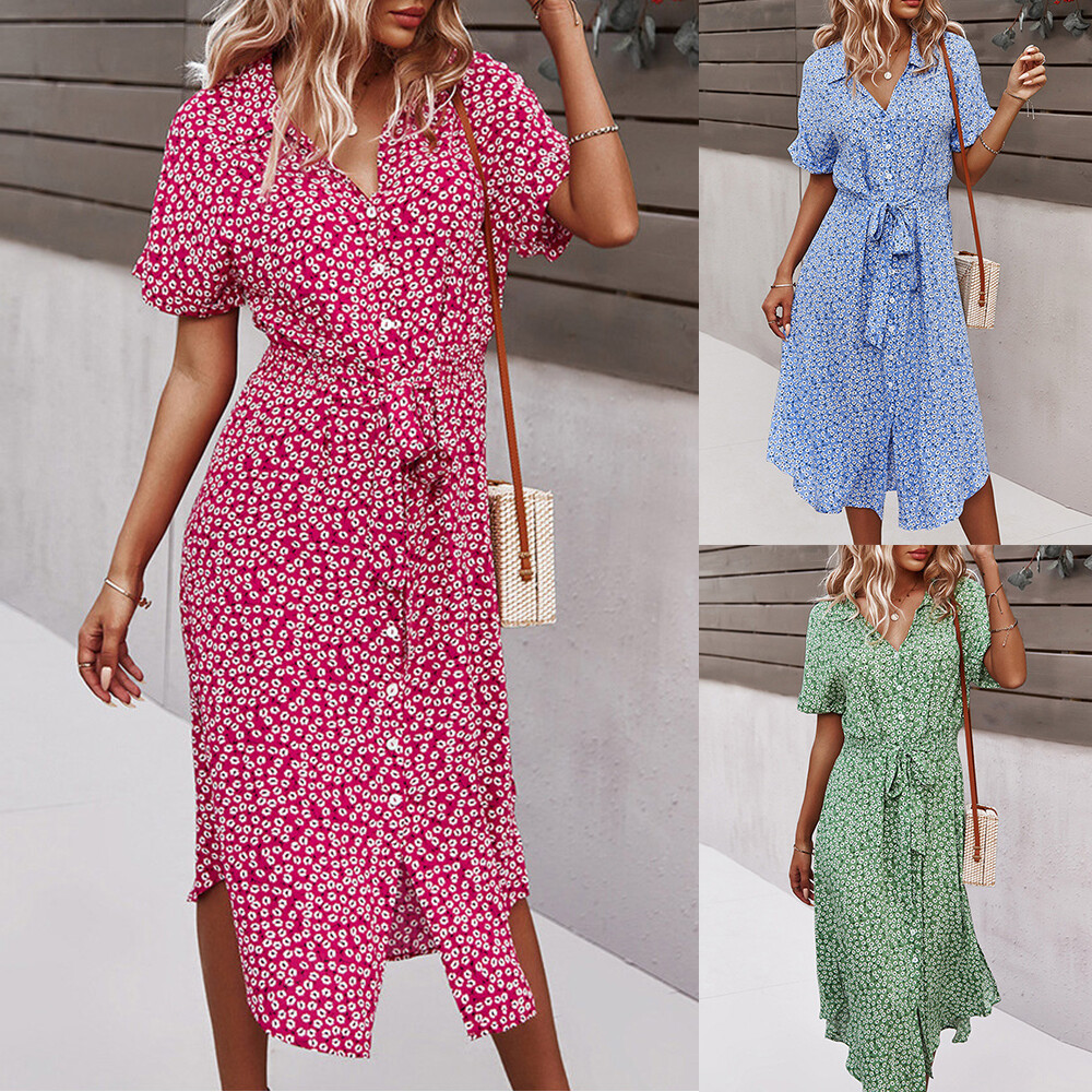 Women Sundress V Neck Summer Midi Dress Ladies Short Sleeve Holiday Lace Up-image