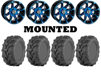 Kit 4 ITP Mud Lite XTR Tires 26x9-12 on Moose 387X Blue Wheels 550