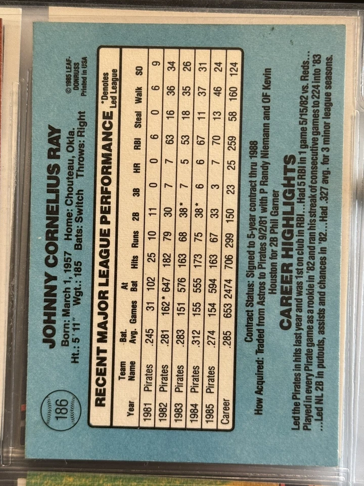 1986 Donruss Baseball Johnny Ray Signed AUTO Card #186 Pittsburgh Pirates MLB - Image 2 of 2