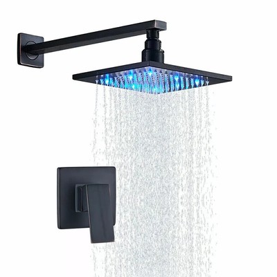 Matte Black Shower Faucet Set 8 In LED Rainfall Head with Rough-in Mixing Valve