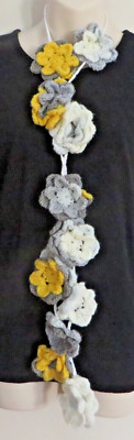 New Handmade Crochet Yellow White 60 Inches Flower Scarf Necklace Lariat