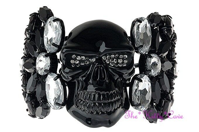 Noir Brillant Pirate Squelette Crâne OS Cristaux Swarovski Manchette Bracelet