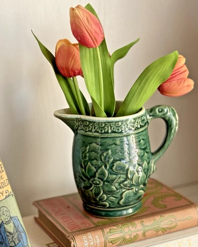 McCoy Green Glazed Stonewear Pitcher Embossed Lily Pads Fish Shaped Handle 1930s