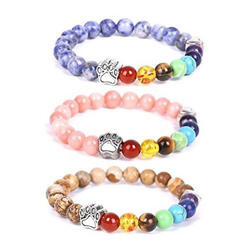Pet Memorial Dog Paw Print Charm Bracelet 7 Chakra Semi Precious Stones