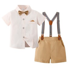 Baby Boy Wedding Outfit Beige Short Sleeve Shirt Apricot Short Suspenders Pan...