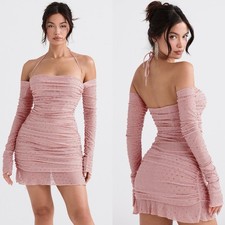 NWT House of CB Estella Soft Pink Crystallised Ruched Mini Dress Size Medium