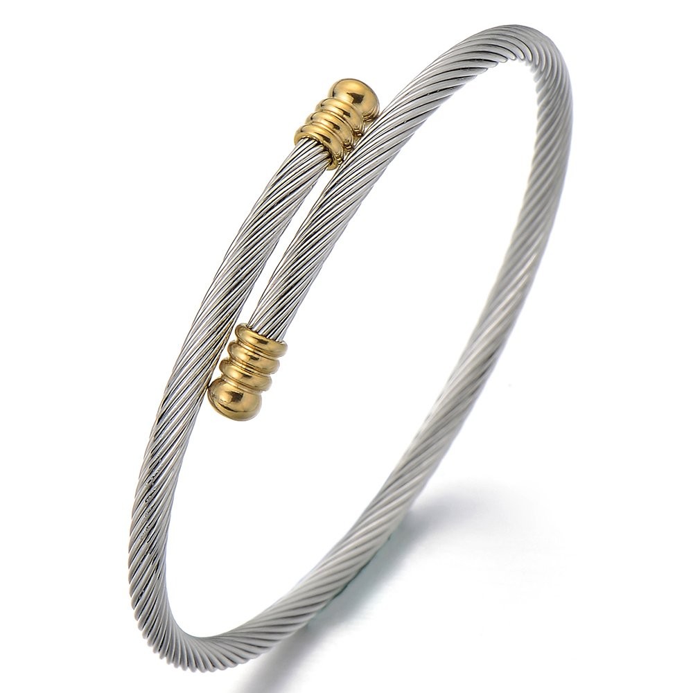 COOLSTEELANDBEYOND Two-Row Twisted Cable Bangle Bracelet - Stainless Steel, Silver/Gold/Black, 7.09 Inch - View #6